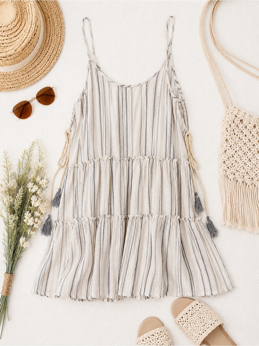 Kiwi + Punch Striped Tassel Babydoll Tank Top Size Large Boho Beachy